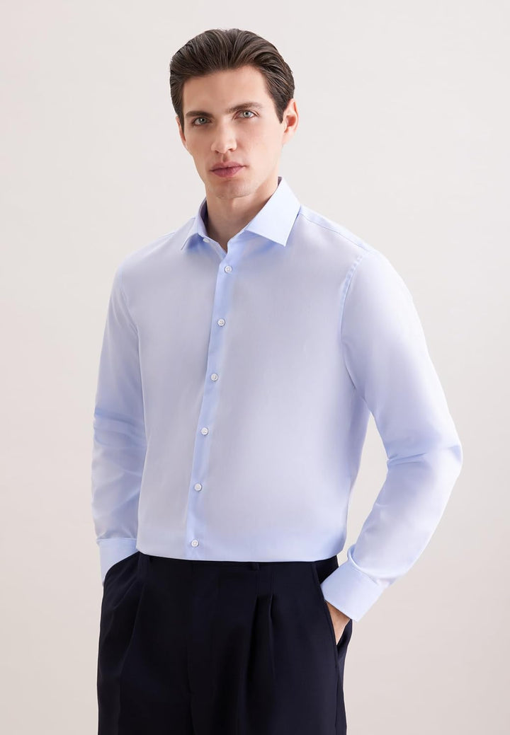 Seidensticker Herren Slim Fit Bügelfrei Business Kent Langarm Businesshemd 36 Blau (Chambray Hellbla