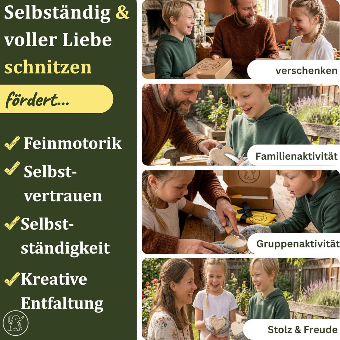 Eli® Schnitzmesser Kinder Set ab 6 Jahre inkl. Schnitzholz und schnittfeste Handschuhe - hochwertige