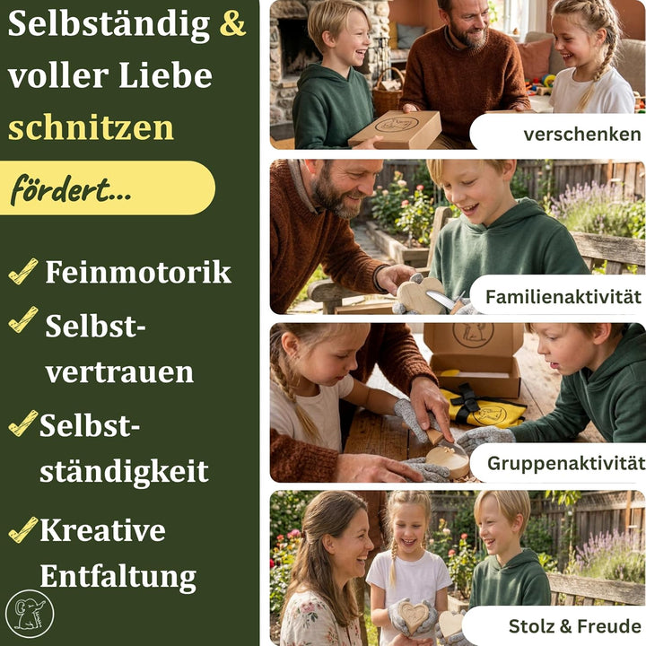 Eli® Schnitzmesser Kinder Set ab 6 Jahre inkl. Schnitzholz und schnittfeste Handschuhe - hochwertige