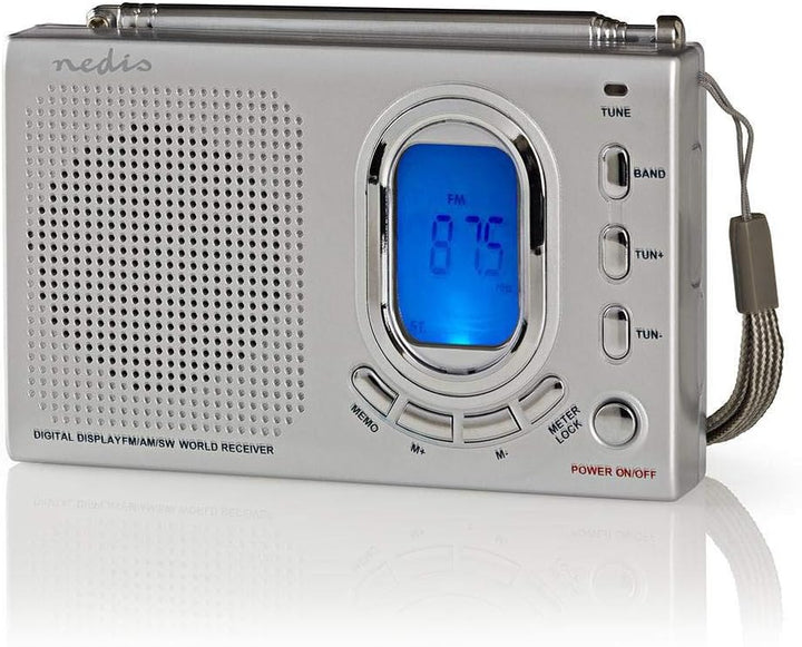 NEDIS World Receiver Radio World Radio Receiver FM/AM/SW, Portable Radio Alarm and Clock with Headph