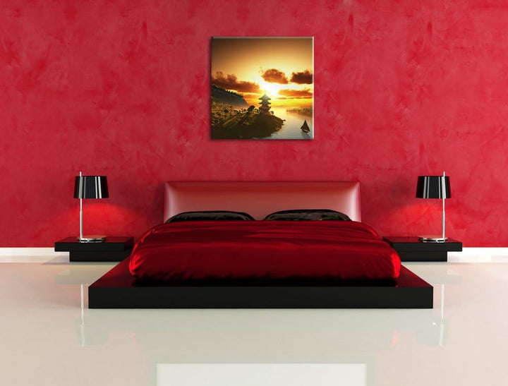 Chinesisches Haus am See, Format: 70x70 auf Leinwand, XXL riesige Bilder fertig gerahmt mit Keilrahm