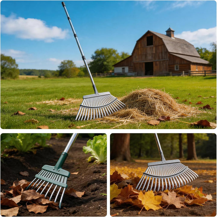Rechen Garten,25+11 Zinken Laubrechen mit Stiel Metall, Verstellbarer Stiel (70-185 cm),Garten Laubr