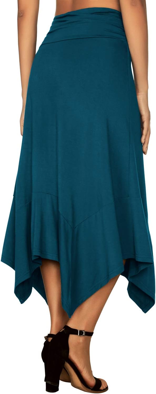 DJT Damen Elegant Elastisch Taille Rock A-Linie Faltenrock Midi Rock mit Taschentuch Saum L Blaugrün