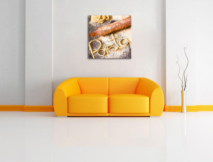 Pasta vor Nudelholz, Format: 70x70 auf Leinwand, XXL riesige Bilder fertig gerahmt mit Keilrahmen, K