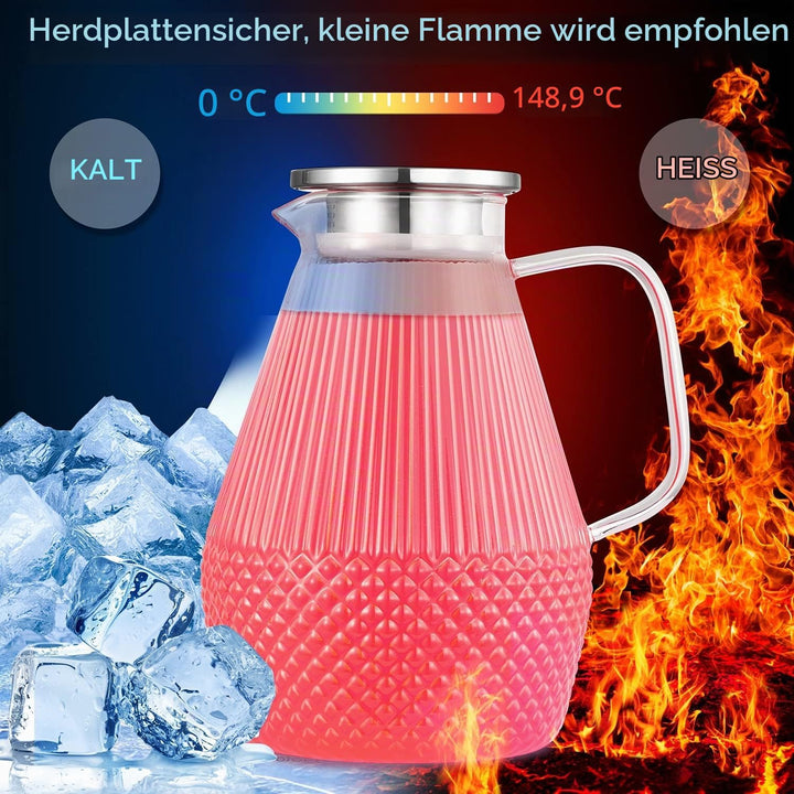 Wasserkaraffe, veecom Glaskaraffe mit Deckel 2.4L Karaffe, Glaskrug mit Deckel, Borosilikatglas Wass