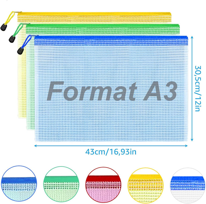 ASelected 25 Stücke Dokumententasche A3 Reissverschluss, 5 Farbe Mesh Kunststoff Reissverschlusstasc