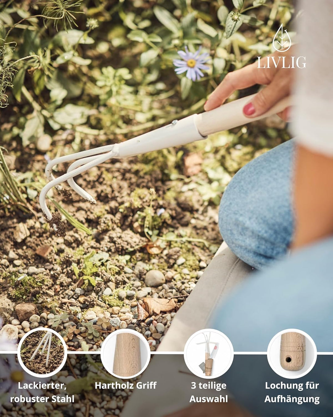 LIVLIG Gartenwerkzeug Set 3-teilig, hochwertige Gartengeräte aus Stahl & Eichenholz Made in Europa,