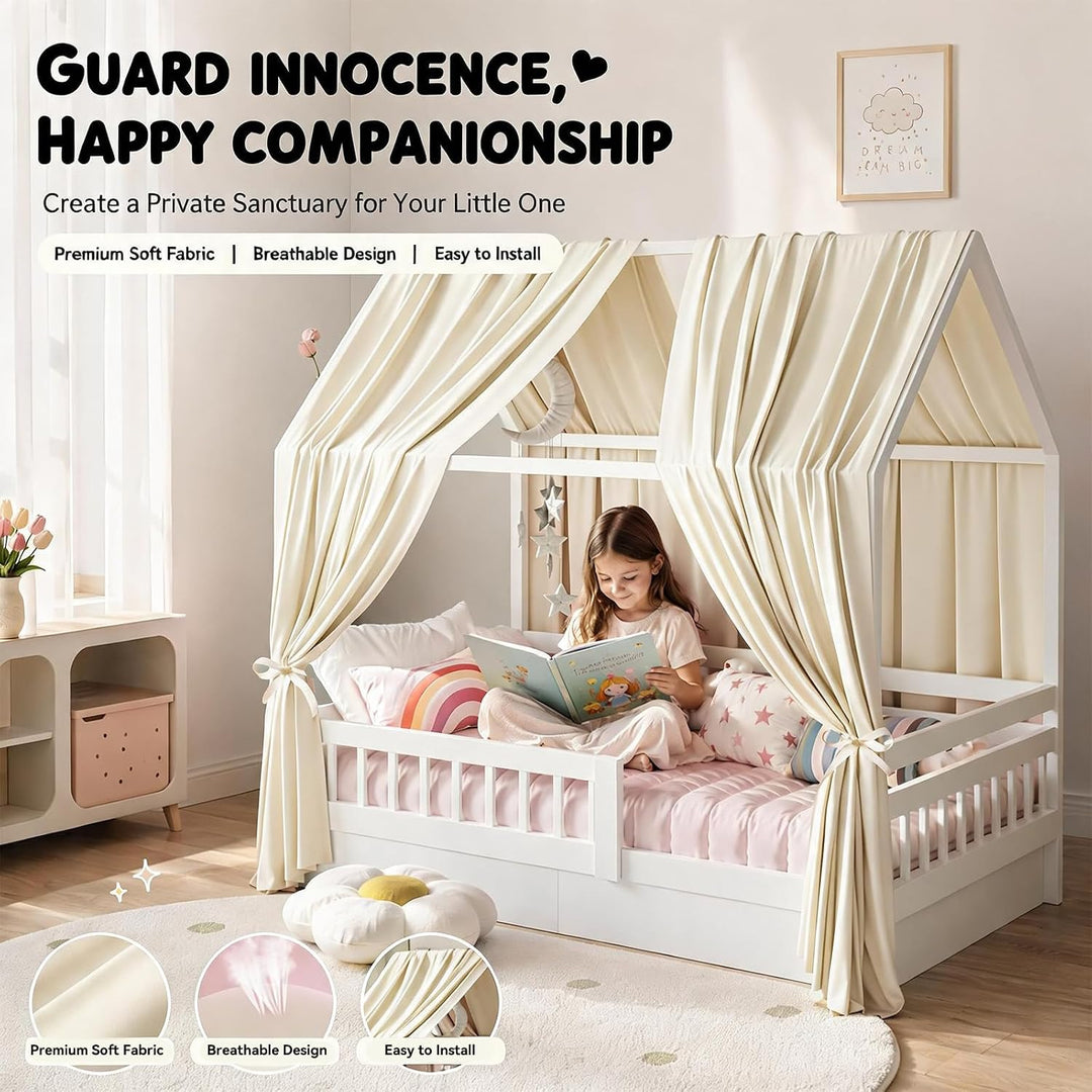 Hausbett Himmel Set, 2 Stück Betthimmel Hausbett, Leichter Atmbar Baumwoll Himmelbett Vorhängemit, M