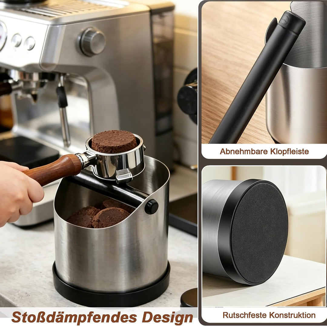 700 ml Abklopfbehälter für Siebträger aus Edelstahl, Espresso Knock Box mit abnehmbarer Klopfstange