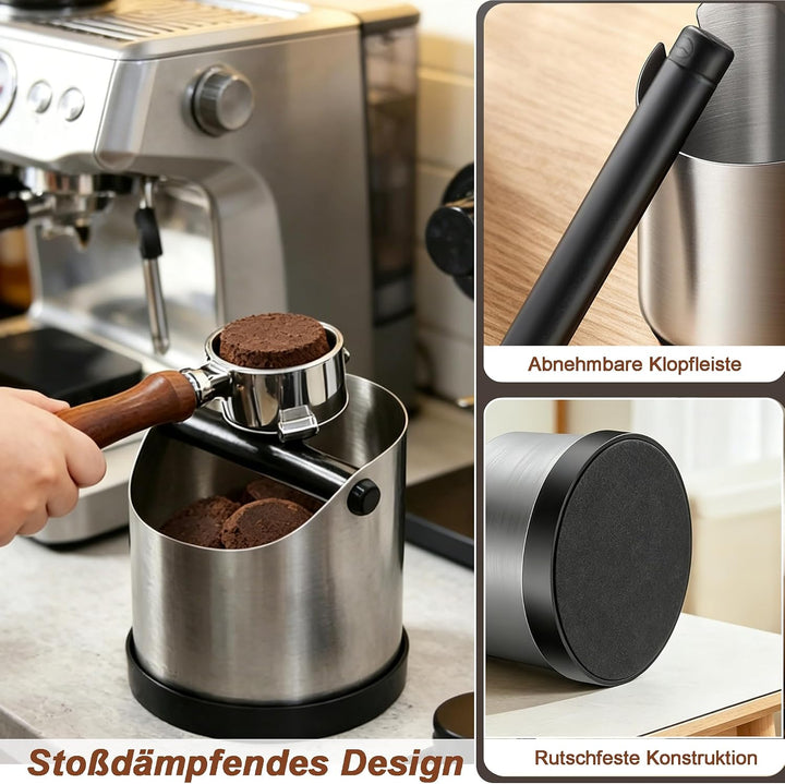 700 ml Abklopfbehälter für Siebträger aus Edelstahl, Espresso Knock Box mit abnehmbarer Klopfstange