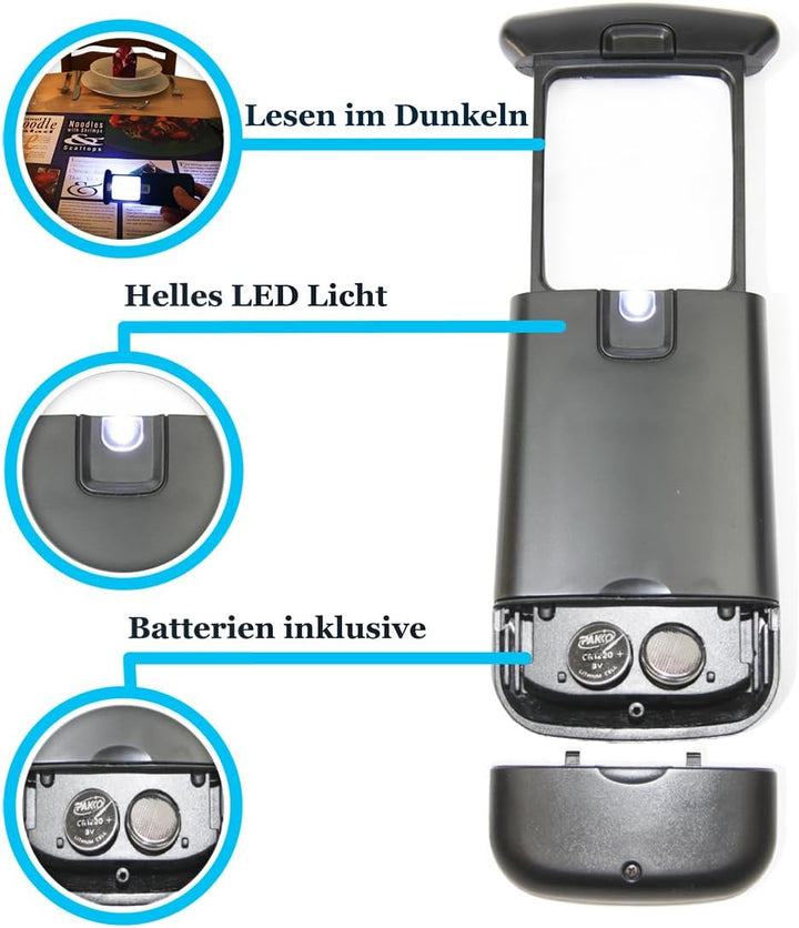EasY Magnifier Taschen Lupe 3fach mit LED Licht; Kleine Leselupe Lesehilfe für Senioren, Mini Handlu