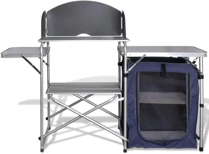 Campingküche klappbar mit Aluminium-Windschutz, grosser Arbeitsplatte, Schrank mit 2 Einlegeböden, l
