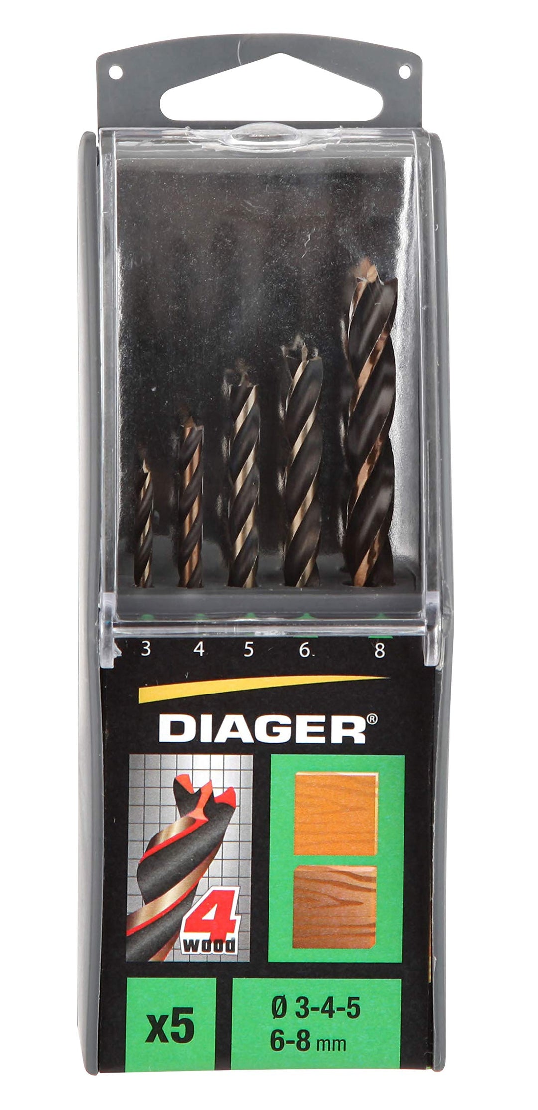 Diager, Holzbohrer, 4 Spitzen, Ø 3 – 4 – 5 – 6 – 8 mm