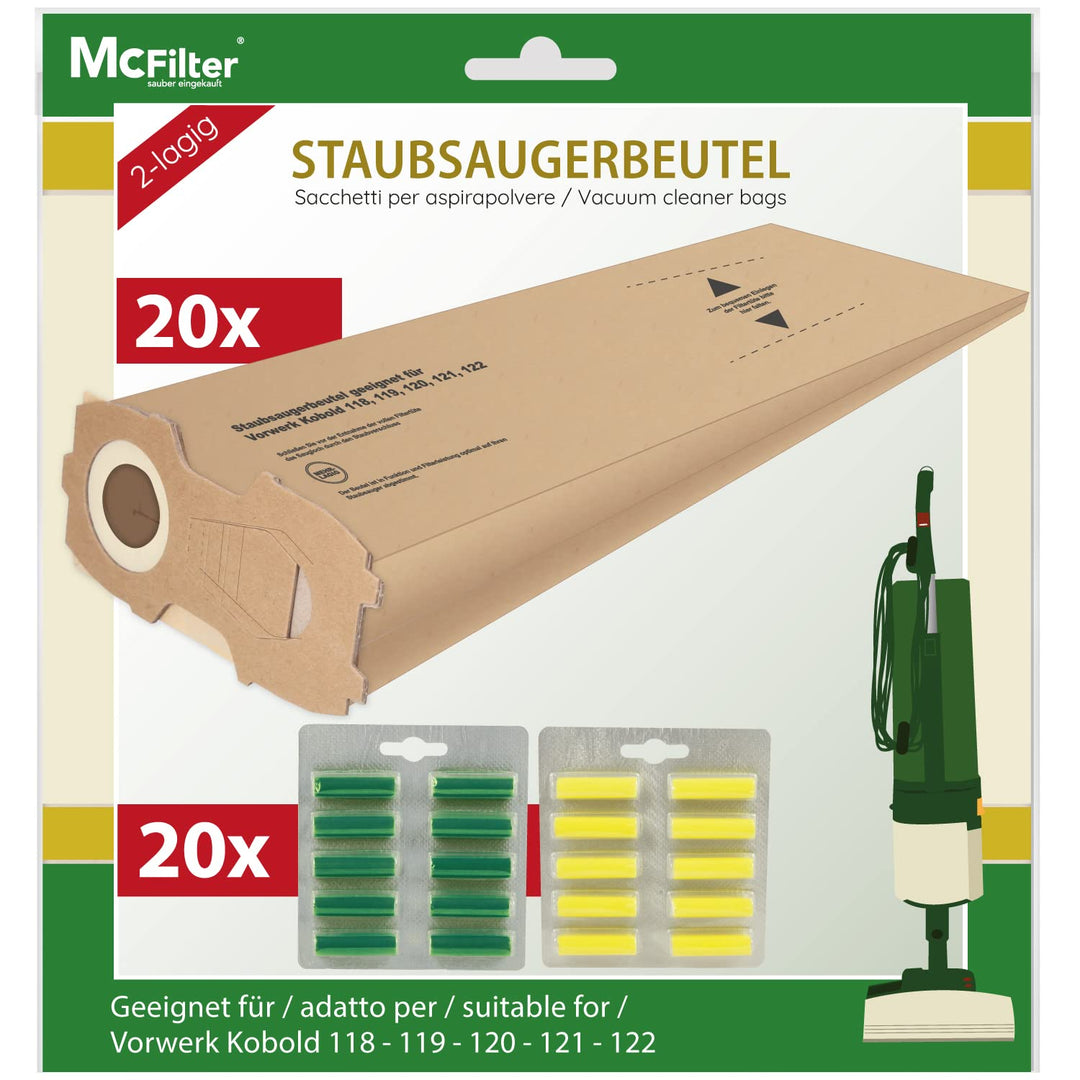 McFilter | 20 Staubsaugerbeutel + Duft geeignet für Vorwerk Kobold 118 119 120 121 122 Kobold VK118
