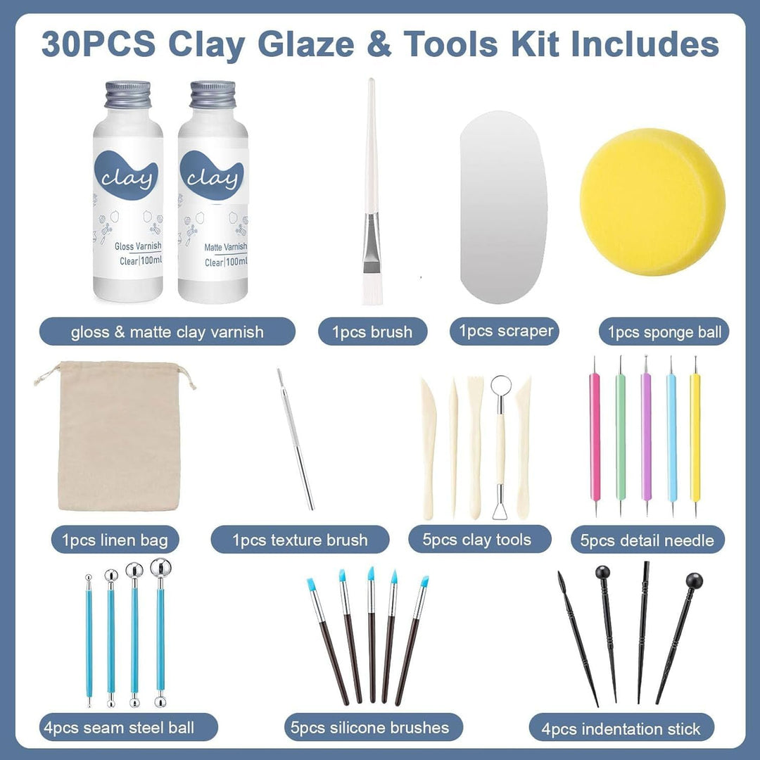 30Pcs lufttrocknendem Ton Glasur mit Ton Werkzeug Set, 2 x 100ml Clay Varnish für Hoher Glanz, Kratz