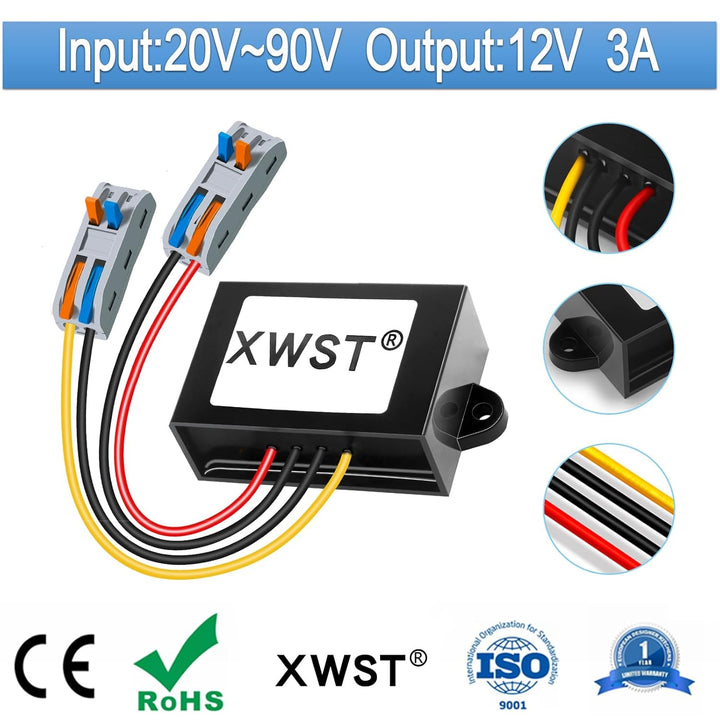 20-90V 24V36V48V60V72V80V auf 12V Spannungswandler, DC DC Wandler 5A 60W mit Schnellverbinder Kabelv