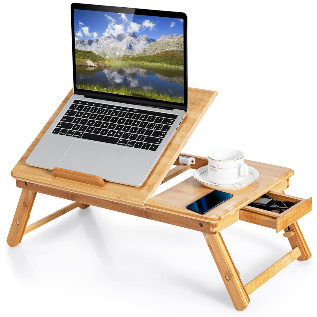GYMAX höhenverstellbar Laptoptisch, klappbares Betttablett aus Bambus mit kippbarer Platte, ausziehb