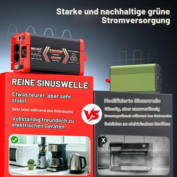 SUDOKEJI 2000W/4000W Wechselrichter Reiner Sinus Spannungswandler 12V auf 230V EU-Steckdose mit LCD