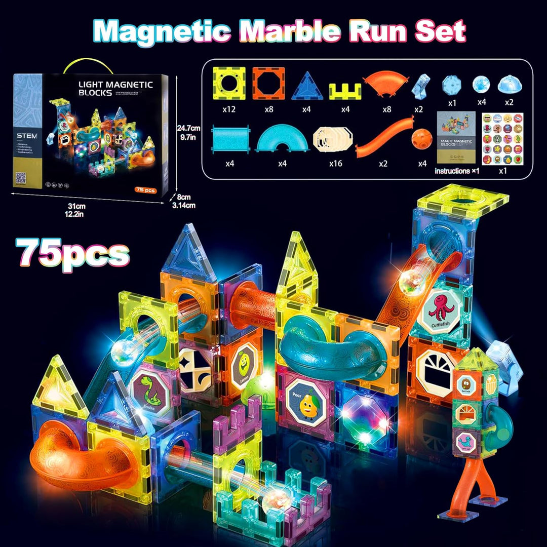 Magnetische Bausteine 75 Stück Murmelbahn Magnete Kinder, Magnetic Bauklötze Baukasten Spielzeug ab