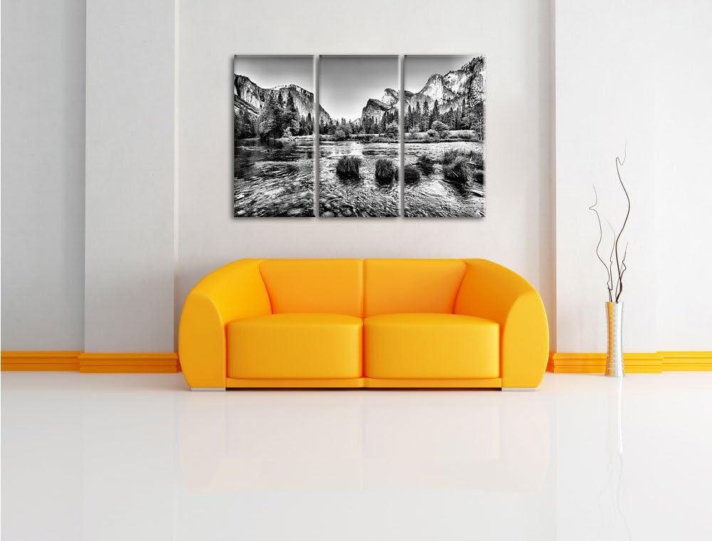 Pixxprint Monocrome, Fluss vor Berglandschaft 3-Teiler Leinwandbild 120x80 Bild auf Leinwand