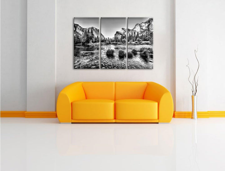 Pixxprint Monocrome, Fluss vor Berglandschaft 3-Teiler Leinwandbild 120x80 Bild auf Leinwand