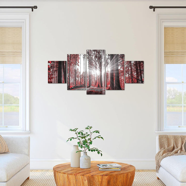 Runa Art Bild Schlafzimmer Wohnzimmer Wald Landschaft 5 Teilig Sonne Rot Wandbilder auf Vlies Leinwa