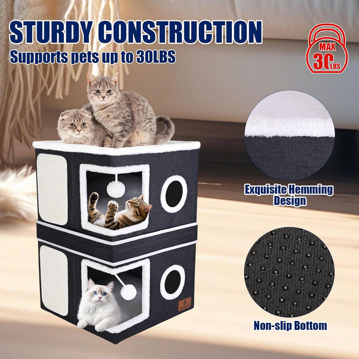 Faltbare Katzenhaus, 2-stöckige Kuschelhöhle mit Kratzbrett und Spielball, Katzenhöhle für Indoor-Ka