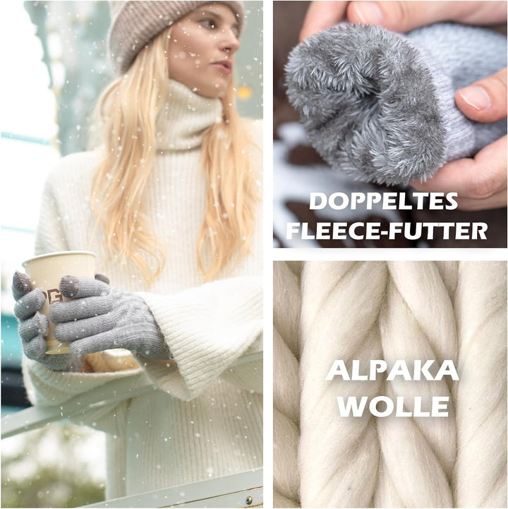 Alpaka Handschuhe Damen Fleece Doppelfutter &amp; Touchscreen - Thermo Winterhandschuhe mit Anti-Rutsch