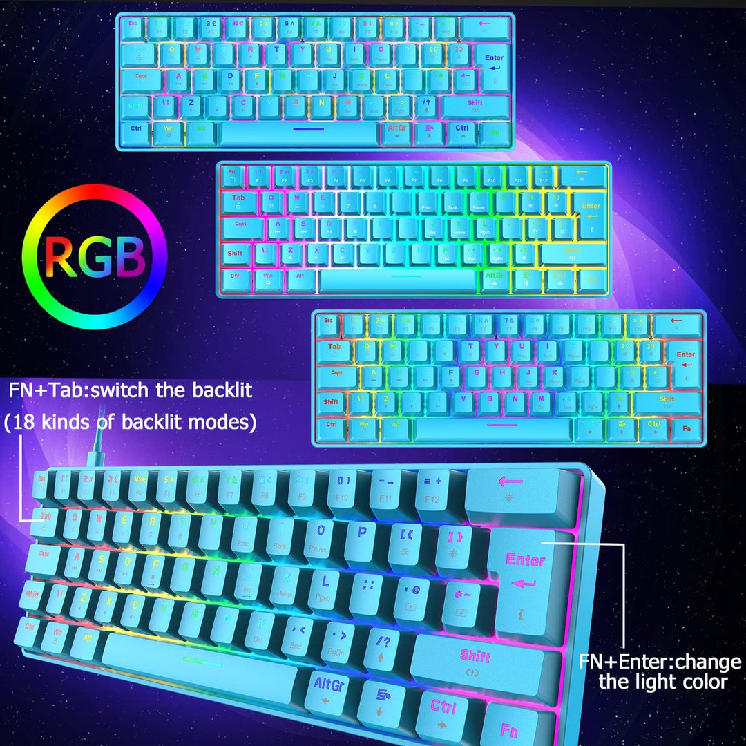 Mini 60% RGB Gaming-Tastatur,Mechanischer Blaue Schalter mit Kompakten 62 Tasten,18 RGB LED-Chroma-H