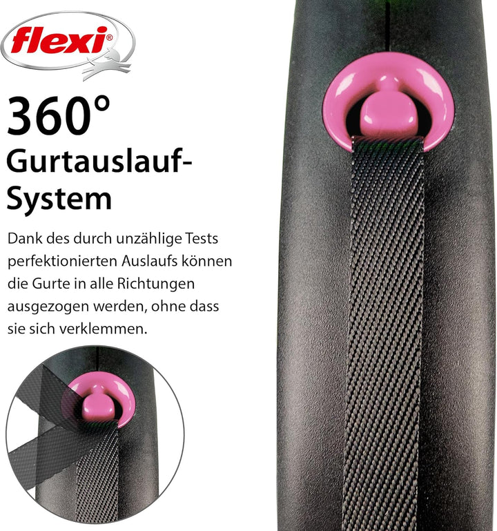 flexi® Black Design M | 5m Gurt Roll-Leine für Hunde bis 25 kg | schwarz/pink | ausziehbare Hundelei