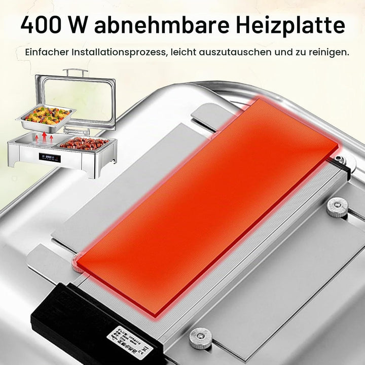 Elektrischer Chafing Dish Glasdeckel, 9L Edelstahl(1/3 Pan) | Speisewärmer Buffetwärmer Elektrisch E