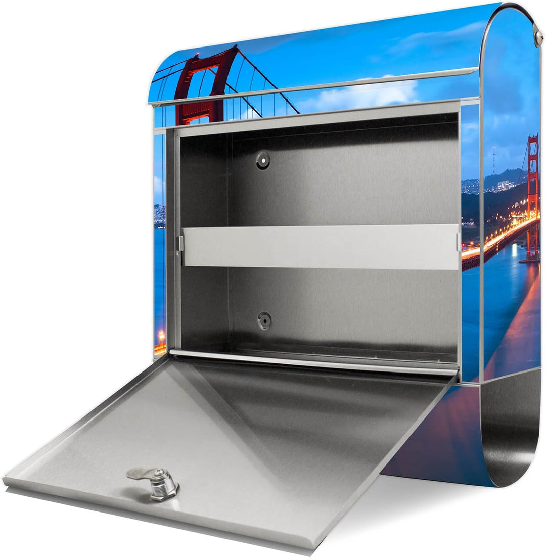 banjado® Briefkasten Edelstahl mit Motiv Golden Gate Bridge 38x43x12cm &amp; 2 Schlüssel - rostfreier Ed