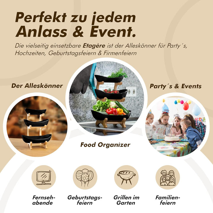 Obst Etagere 3 stöckig SCHWARZ Keramik mit Bambusständer, Servierständer für Obst Snacks Gebäck, ele