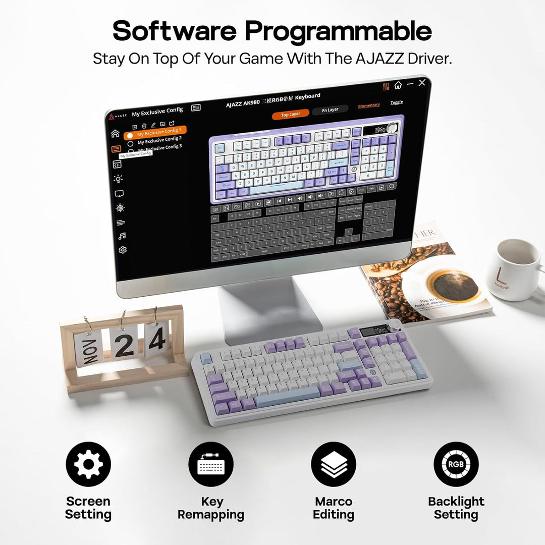 MechLands AJAZZ AK980 98% Mechanische Tastatur, BT5.0/USB-C/2.4GHz Wireless Gaming Tastatur, Hot Swa