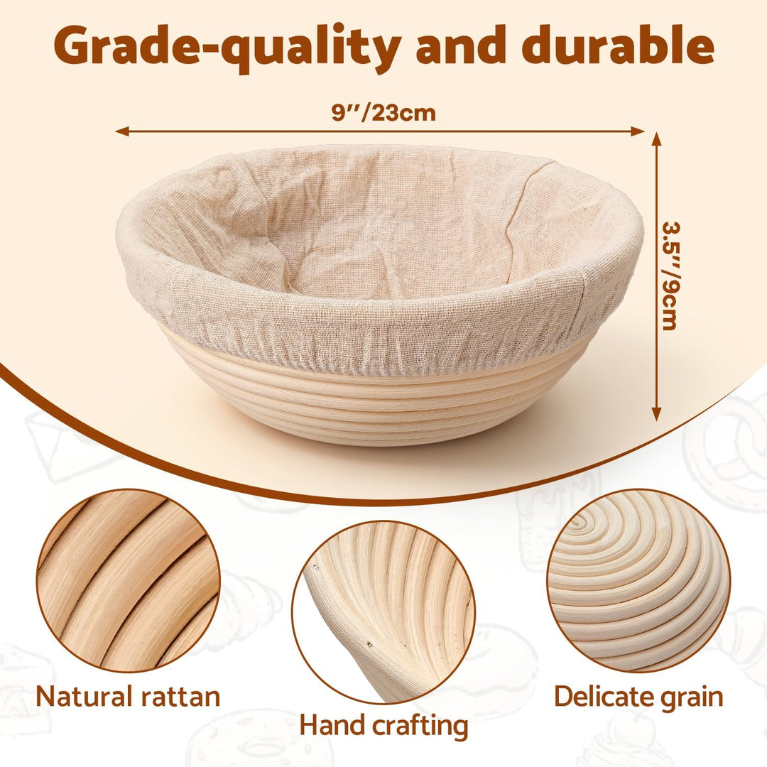 Sopito Gärkörbchen Set 23cm rund Brot Backen Zubehör Sauerteig Starter | Gärkorb Rund mit Leinentuch