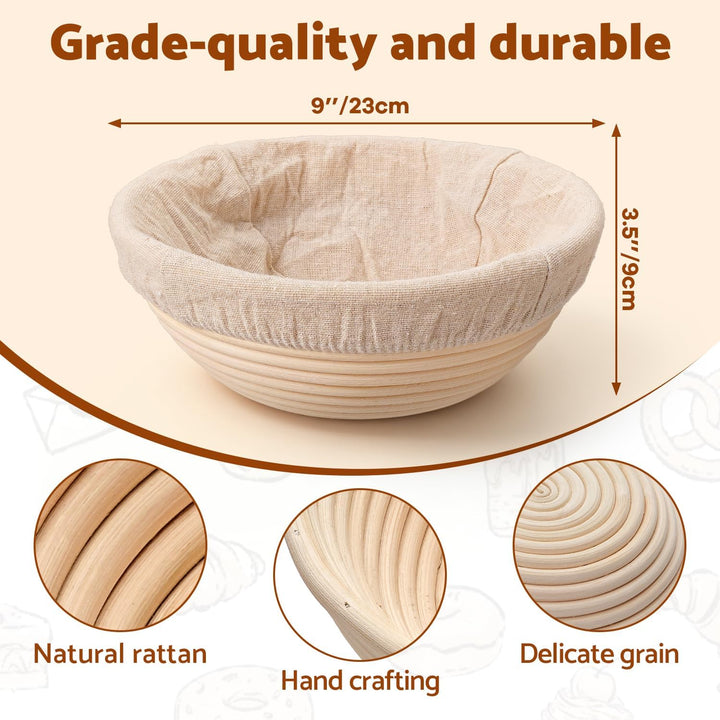 Sopito Gärkörbchen Set 23cm rund Brot Backen Zubehör Sauerteig Starter | Gärkorb Rund mit Leinentuch