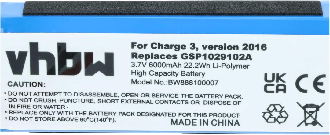 vhbw Akku kompatibel mit JBL Charge 3 2016 | Lautsprecher Boxen Speaker (6000 mAh, 3,7 V, Li-Polymer