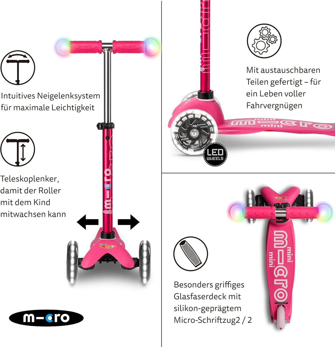 Micro Mini-LED-Lenker mit 3 Rädern für Kleinkinder, 2–5 Jahre, neigbar und schlank, für Kleinkinder