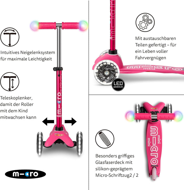 Micro Mini-LED-Lenker mit 3 Rädern für Kleinkinder, 2–5 Jahre, neigbar und schlank, für Kleinkinder