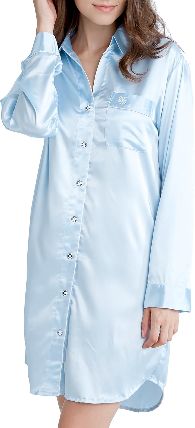 Nachthemd Damen, Satin Nachtkleid Langarm Nachtwäsche mit Knopfleiste Schlafhemd Freizeitkleidung, S
