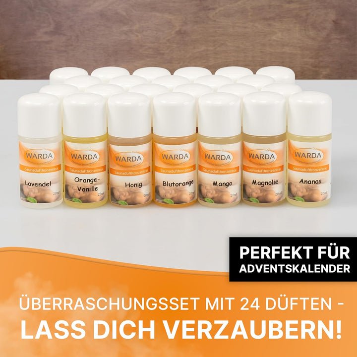 Miniatur-Set mit 24x 20 ml Flaschen von Warda Saunaduftkonzentrat Adventskalenderfüllung (24, ÜBERRA