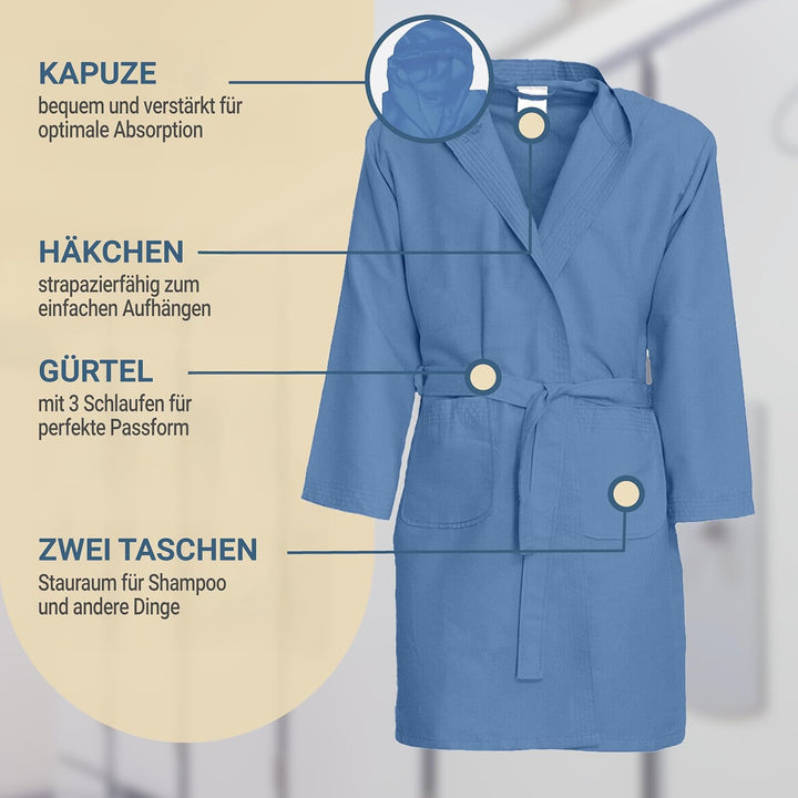 Dorian Home Bademantel aus Mikrofaser für Herren und Damen, Unisex, mit praktischen Taschen und Kapu