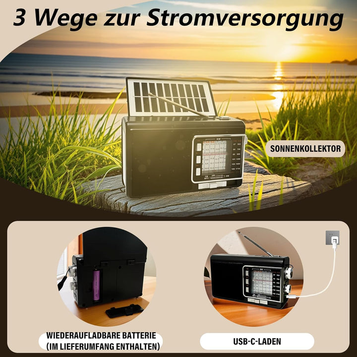Kleines Radio mit Solarpanel & 1200mAh Akku, AM/FM/SW1-6 Empfänger mit 8W-Lautsprecher/TWS/USB/TF/Ta