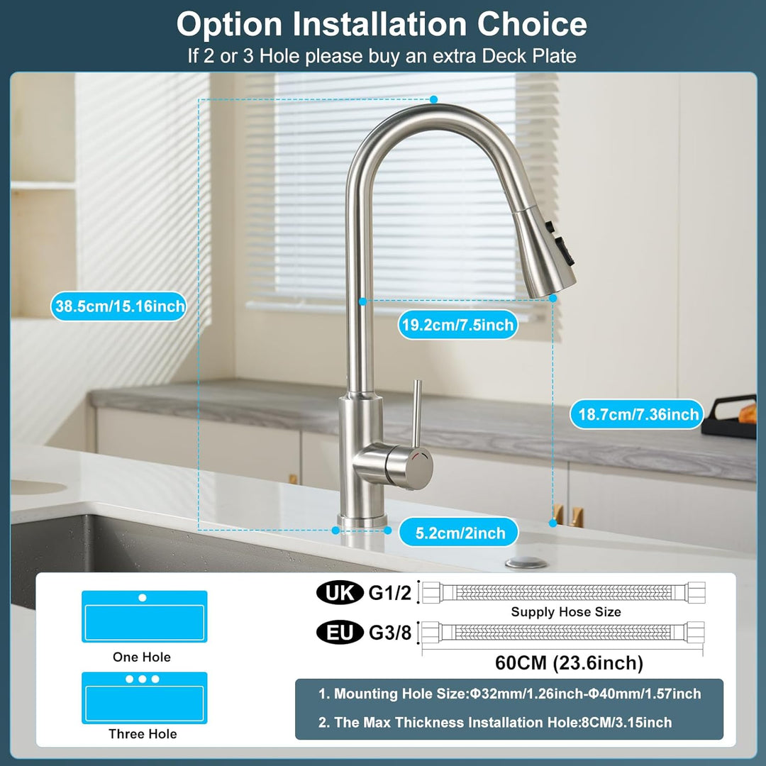 Wasserhahn Küche,Küchenarmatur Edelstahl,Ausziehbar Brause,4 Sprühfunktionen,Hoher Auslauf（187mm),36