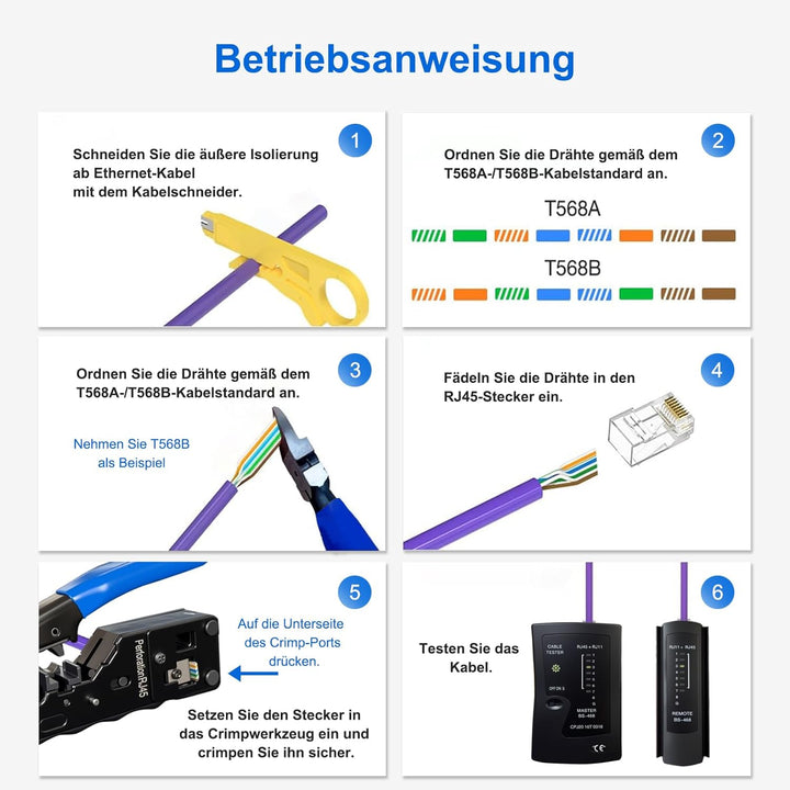 Netzwerk Werkzeug Set, Pass Through RJ45 Crimpzange für Cat5/Cat6/Cat7 mit 20x RJ45 Stecker, Netzwer