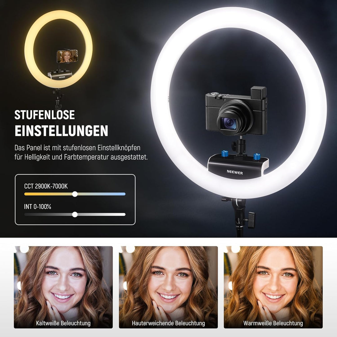 NEEWER Professionelles Ringlicht mit Ständer und Telefonhalter, 18" dünn, 45W 2900K-7000K TLCI98, Fe