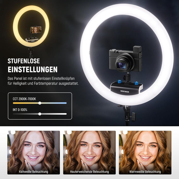 NEEWER Professionelles Ringlicht mit Ständer und Telefonhalter, 18" dünn, 45W 2900K-7000K TLCI98, Fe