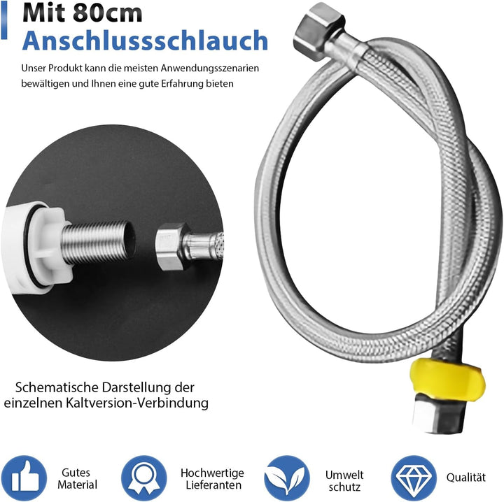 Kaltwasserhahn Edelstahl Kaltwasserarmatur mit 80cm Anschlussschlauch, Wasserhahn Kaltwasser Bad Was