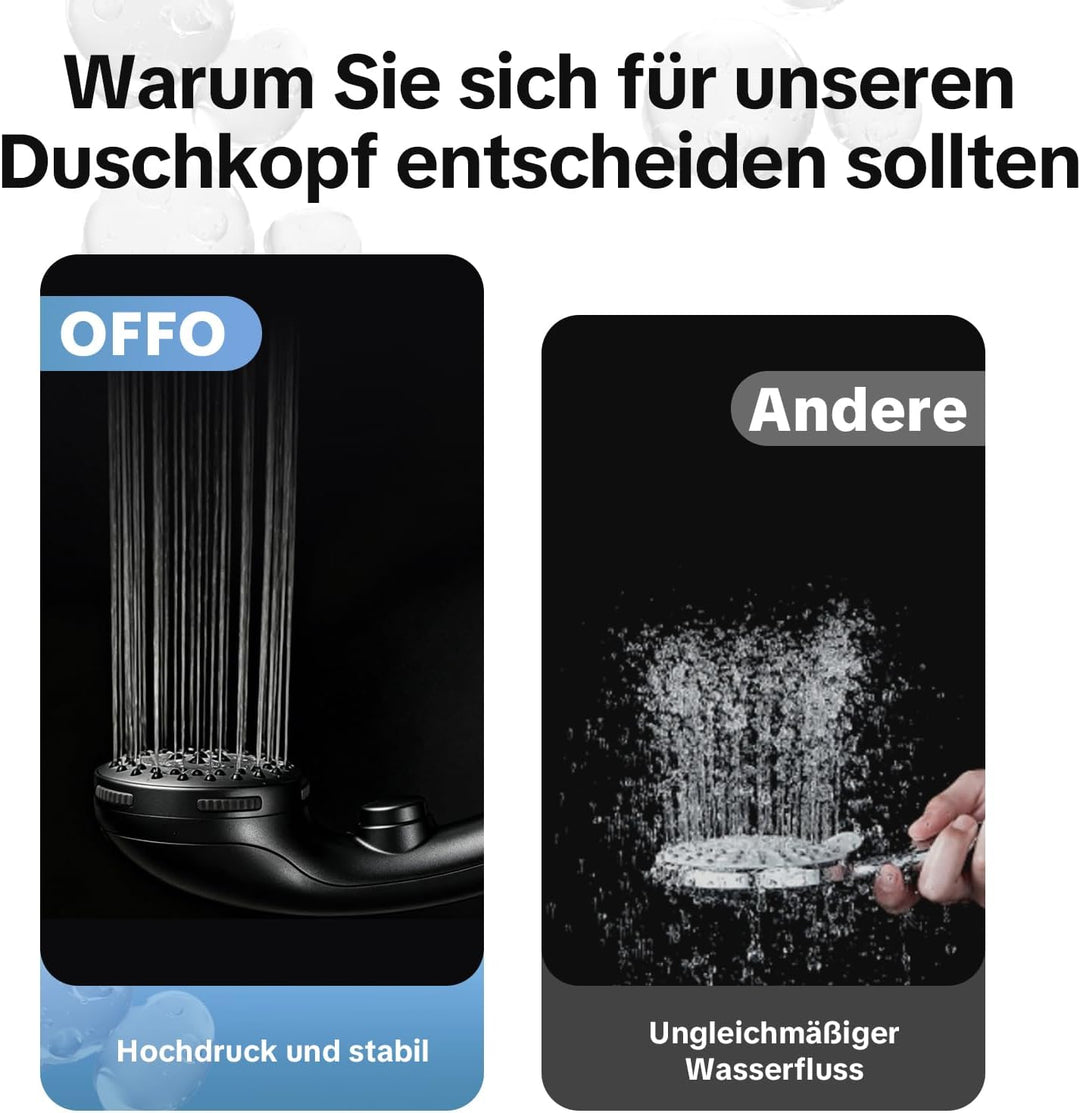 OFFO Duschkopf mit Duschschlauch 1,6m, Stoppfunktion Brausekopf Dusche mit 5 Strahlarten, Wasserspar