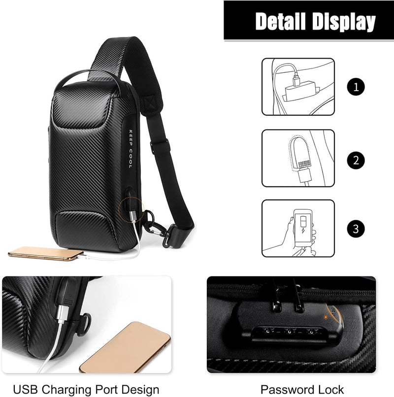 FANDARE Brusttasche Sling Bag Geschäft Schultertasche mit USB-Ladeanschluss Passwortschutz Crossbody